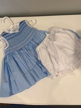 Blue Smocked Baby Dress with White Polka Dot Bloomers